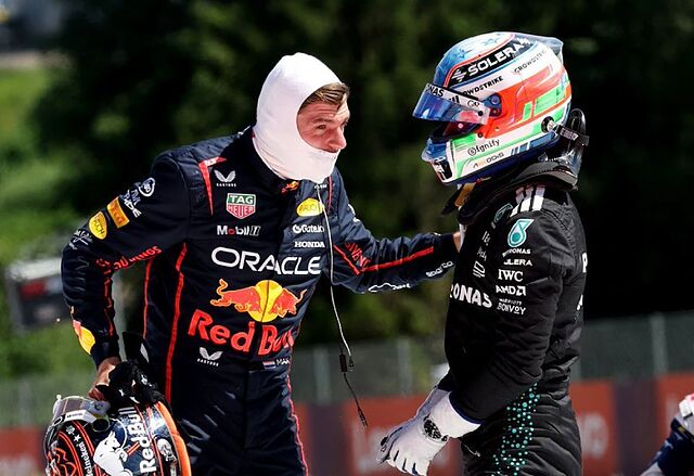 Verstappen y Antonelli, tras el choque provocado por el italiano.