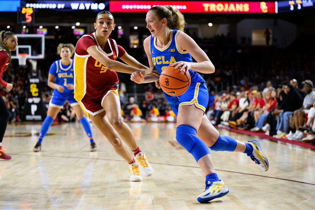 UCLA guard Gianna Kneepkens (8) drives the ball past Southern...