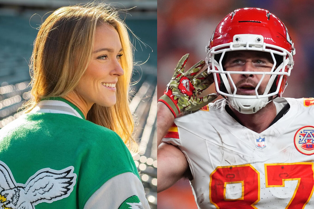 Kylie Kelce "dons" a Chiefs jersey to cheer on Uncle Travis in his...