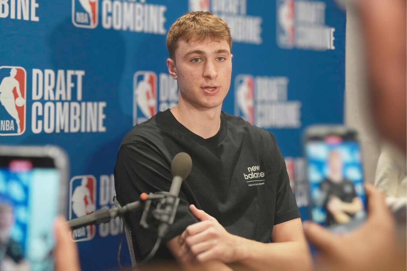 Cooper Flagg talks to media at the 2025 NBA basketball draft combine...