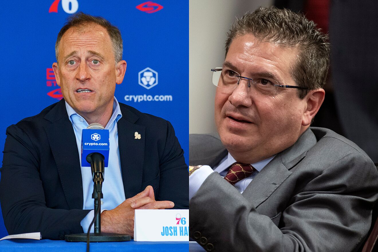 Snyder (right) is poised to sell the Commanders to Harris (left) in...