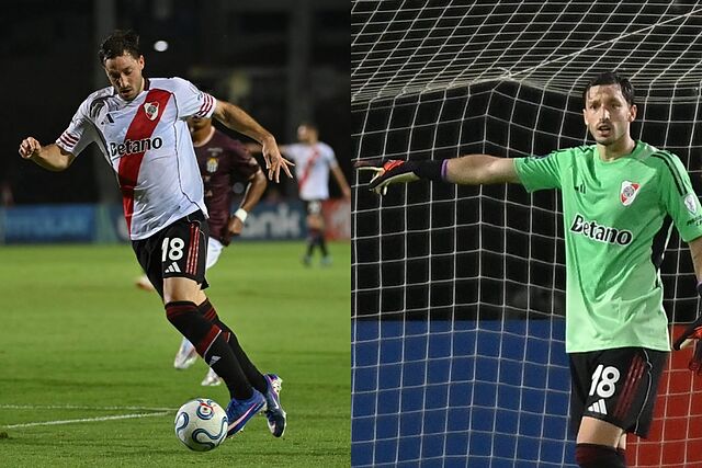 A la izquierda, Mat�as Vi�a como jugador. A la derecha, como portero.