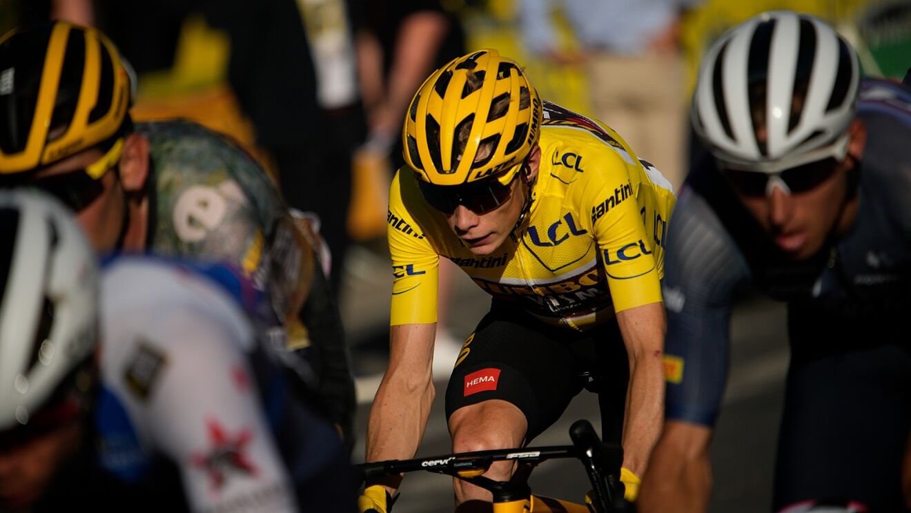 Denmark's Jonas Vingegaard, wearing the overall leader's yellow...