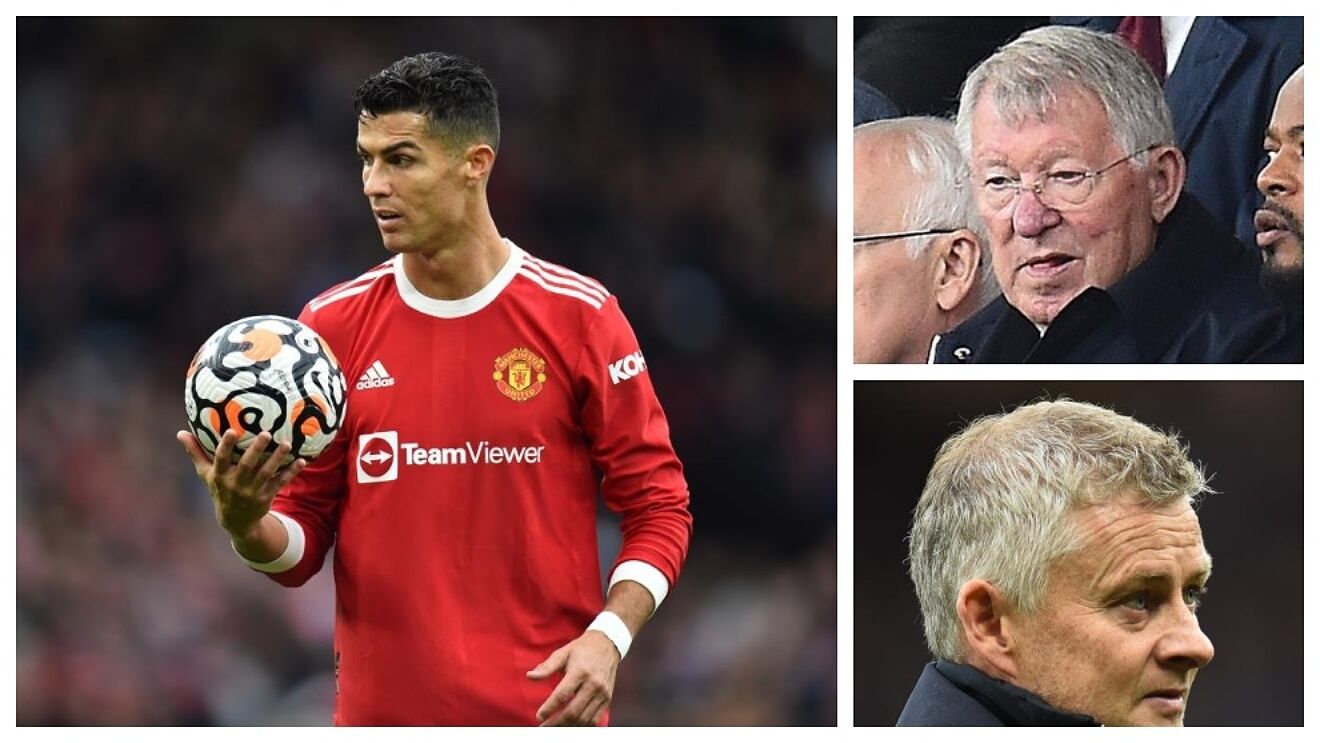 Un montaje con imágenes de Cristiano Ronaldo, Solskjaer y Ferguson.