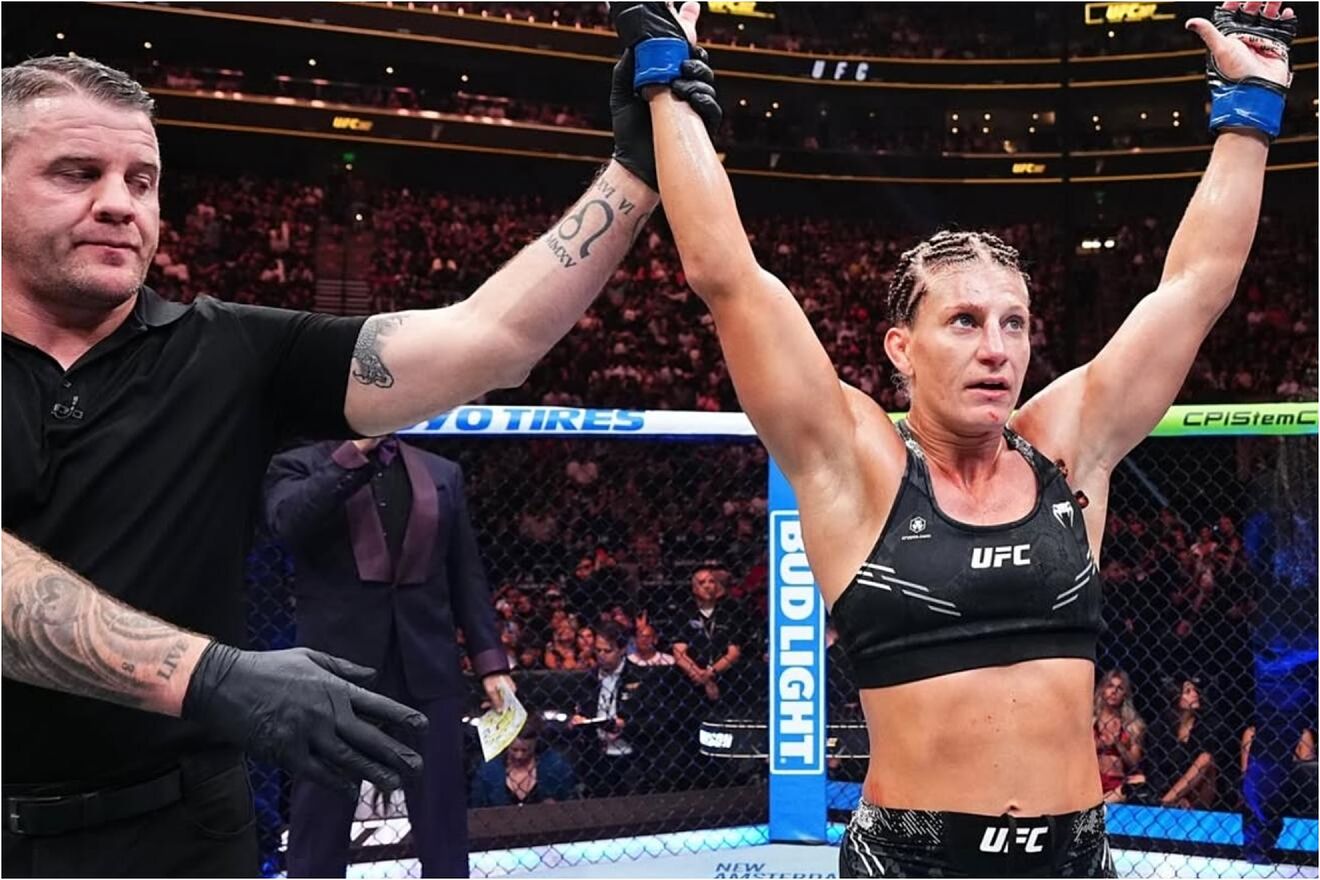 Kayla Harrison celebrating her latest UFC victory.