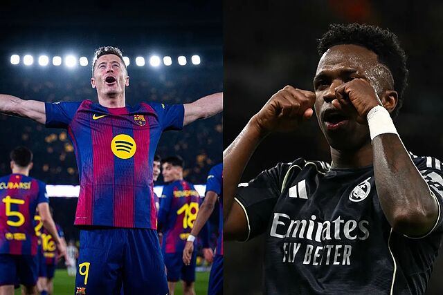 Lewandowski and Vinicius with their goals in the Champions League round of 16.