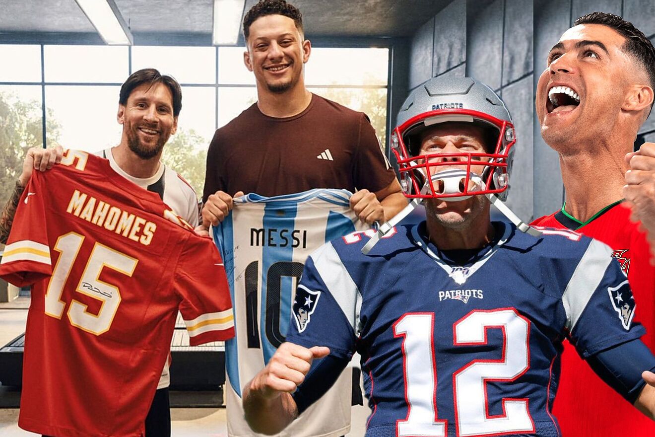 Patrick Mahomes and Messi posing together, with Tom Brady and...