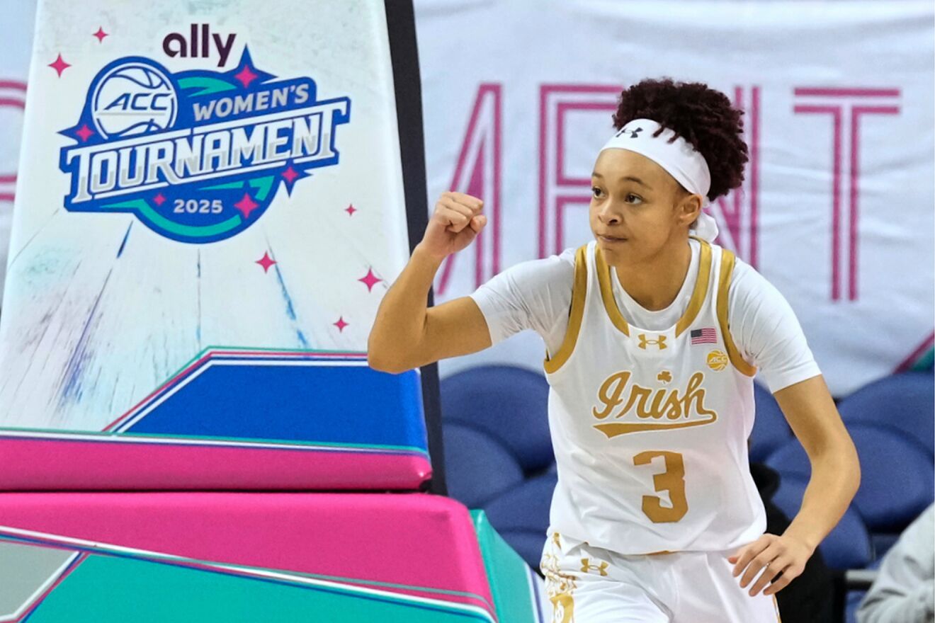 Notre Dame guard Hannah Hidalgo celebrates after her basket