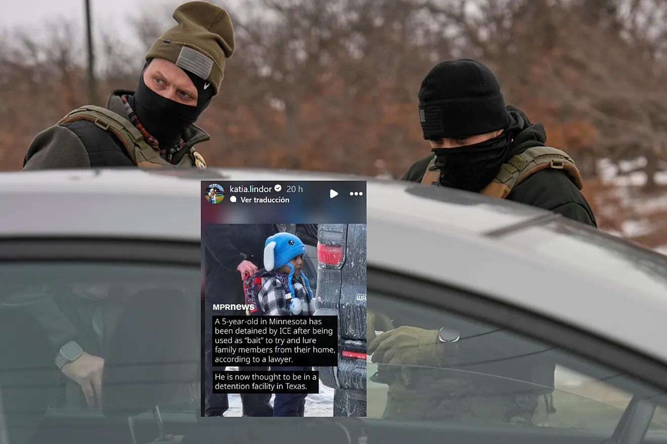 A montage featuring Lindor's wife's post and ICE agents.