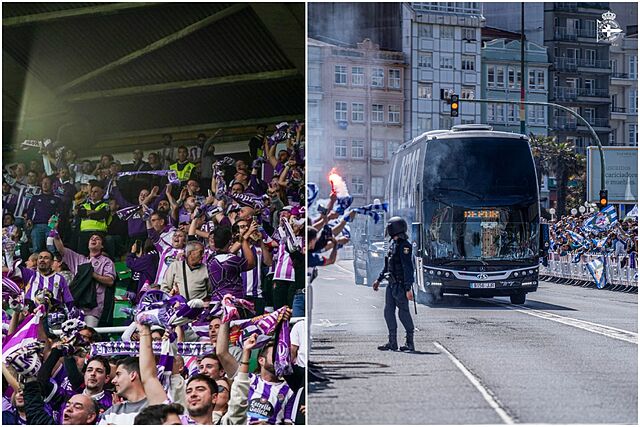 Un montaje con aficionados del Valladolid y con una imagen de un recibimiento de los seguidores al autob�s del Deportivo.