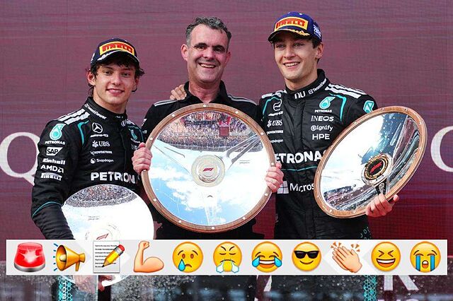 Antonelli, Thomas (jefe de motores Mercedes) y Russell, celebrando un doblete inapelable.