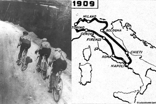 Imagen y recorrido del primer Giro de Italia en 1909