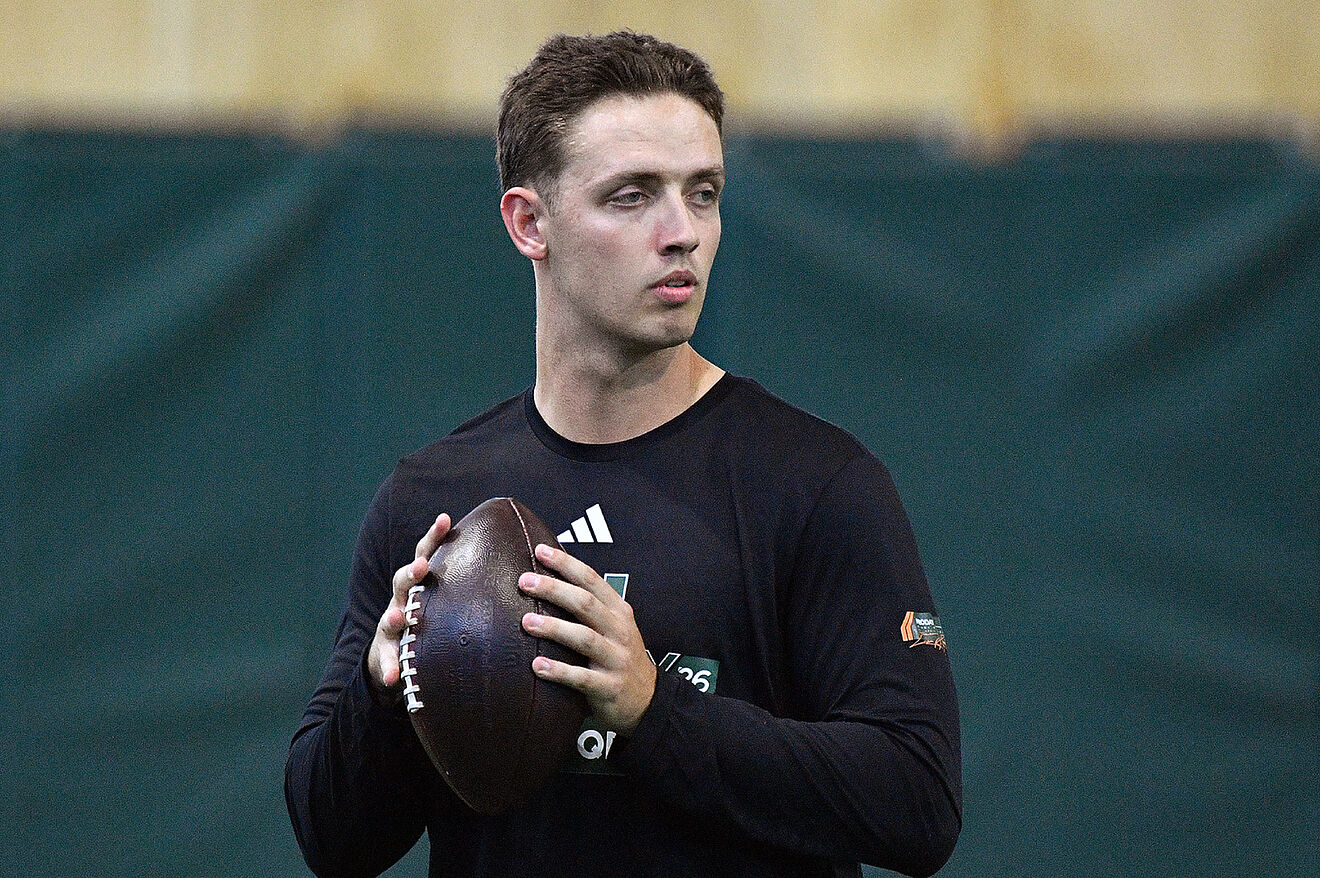 Carson Beck throws a pass during his Miami Hurricanes Pro Day workout.