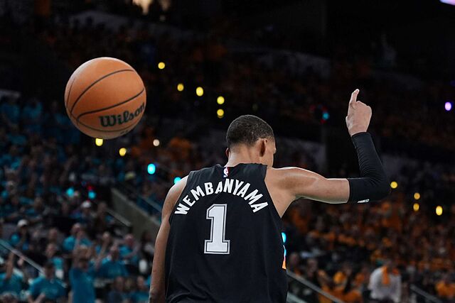 San Antonio Spurs forward Victor Wembanyama celebrates scoring against the Portland Trail Blazers during the NBA playoffs