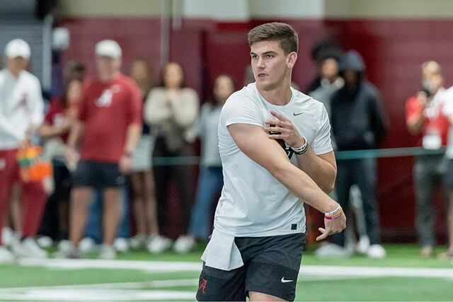 Quarterback Ty Simpson throws in passing drills during Alabama's NFL football pro day