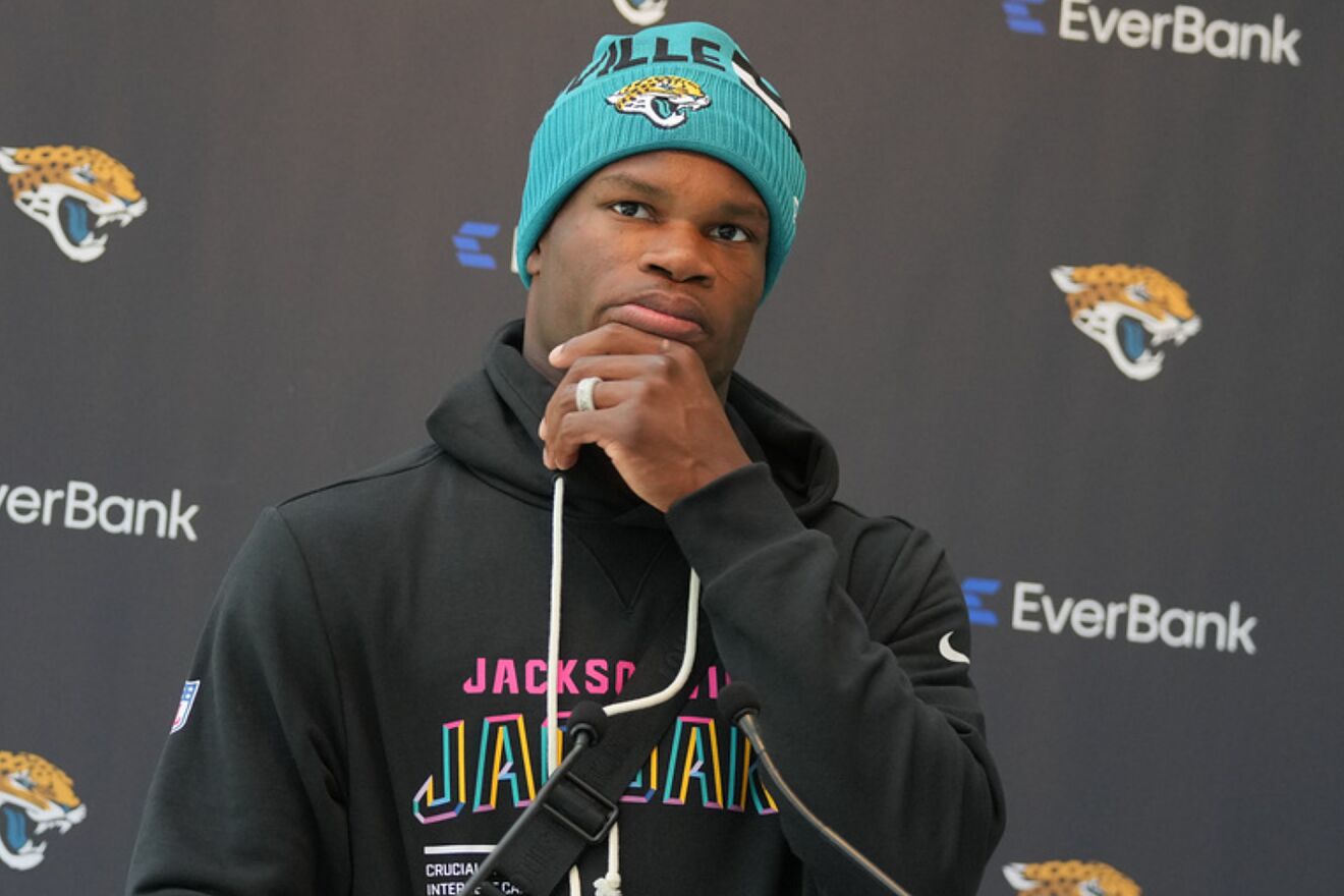 Travis Hunter speaks to the media beforethe Jacksonville Jaguars vs....