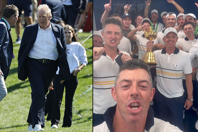 Donald Trump, en la Ryder, y el equipo europeo tras ganar el torneo.