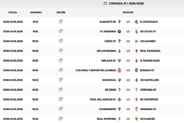 Los horarios de la jornada 41 de Segunda divisi�n