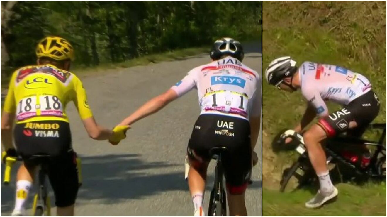 Pogacar and Vingegaard shake hands after a frantic descent
