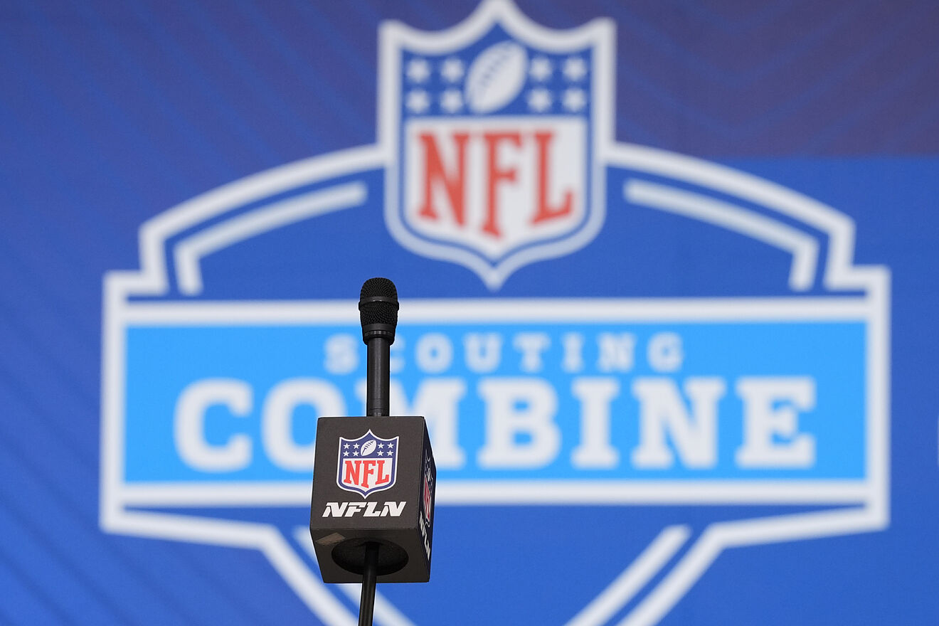 The NFL Scouting Combine logo is seen during a press conferences