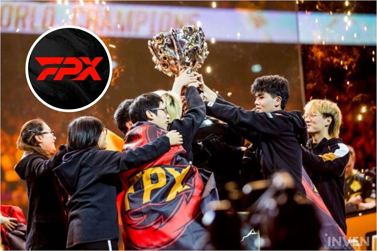 FPX lifting the Summoner's Cup at Worlds 2019.