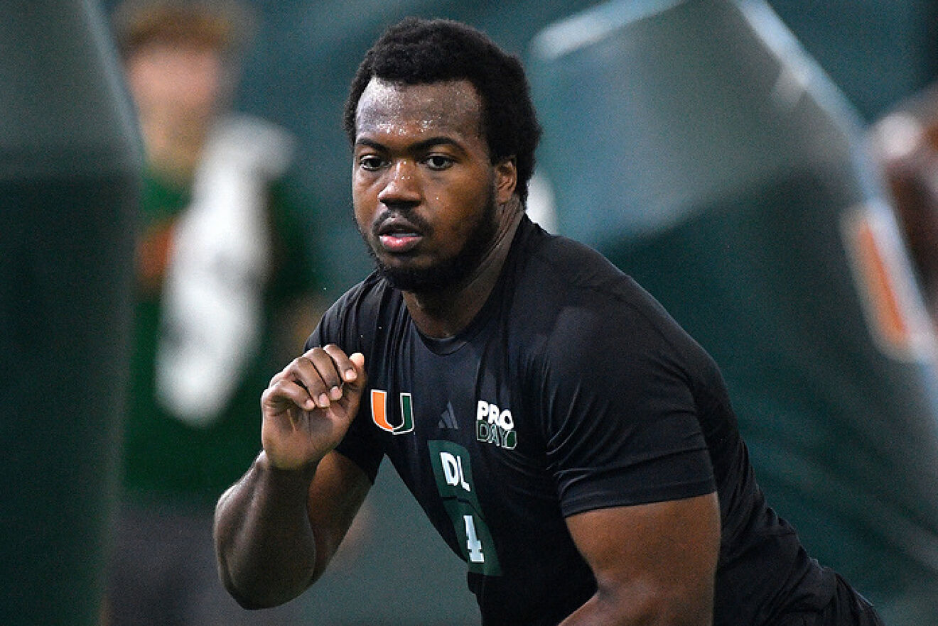 Rueben Bain Jr. runs a drill during the Miami Hurricanes Pro Day.