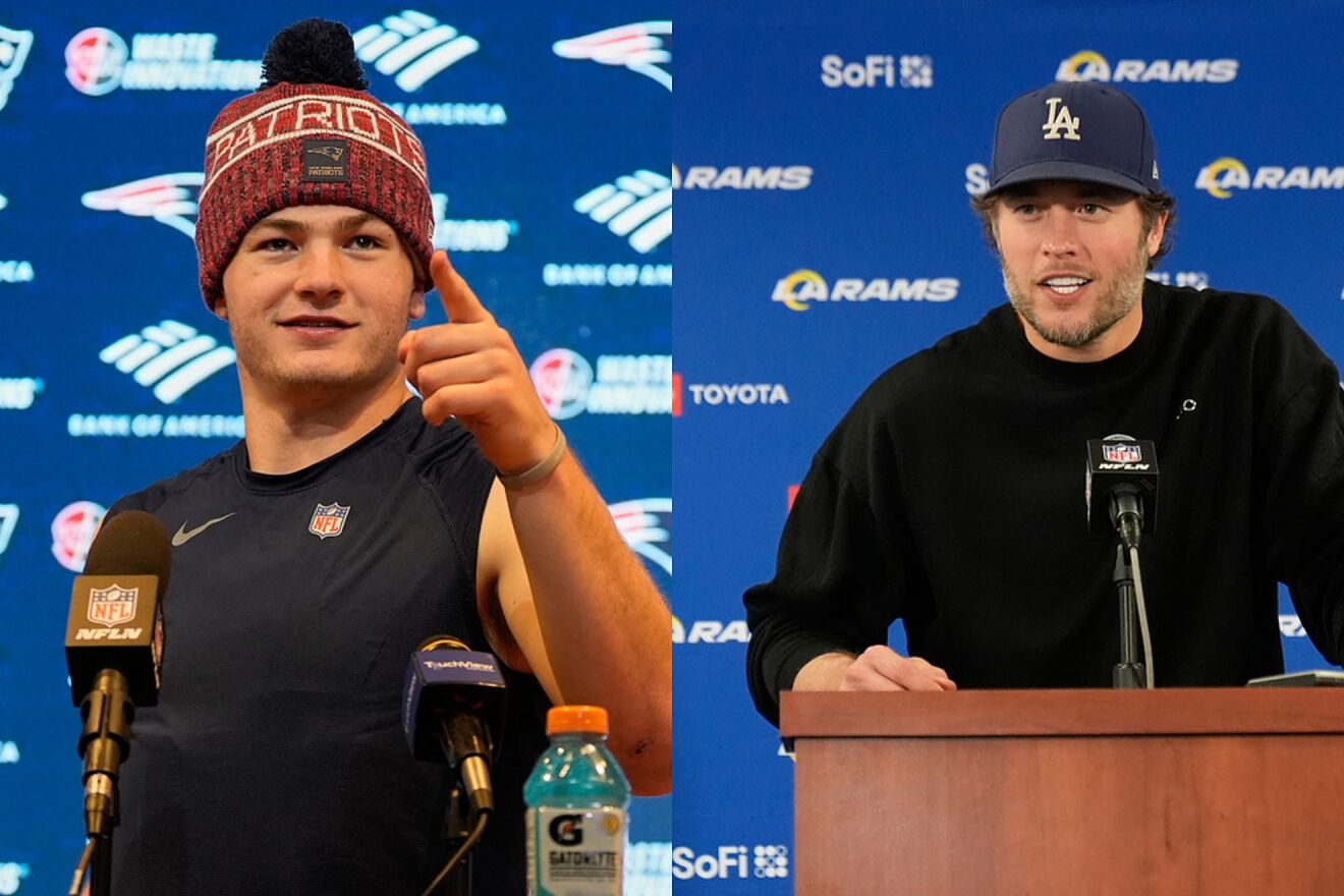 Drake Maye and Matthew Stafford talking to media