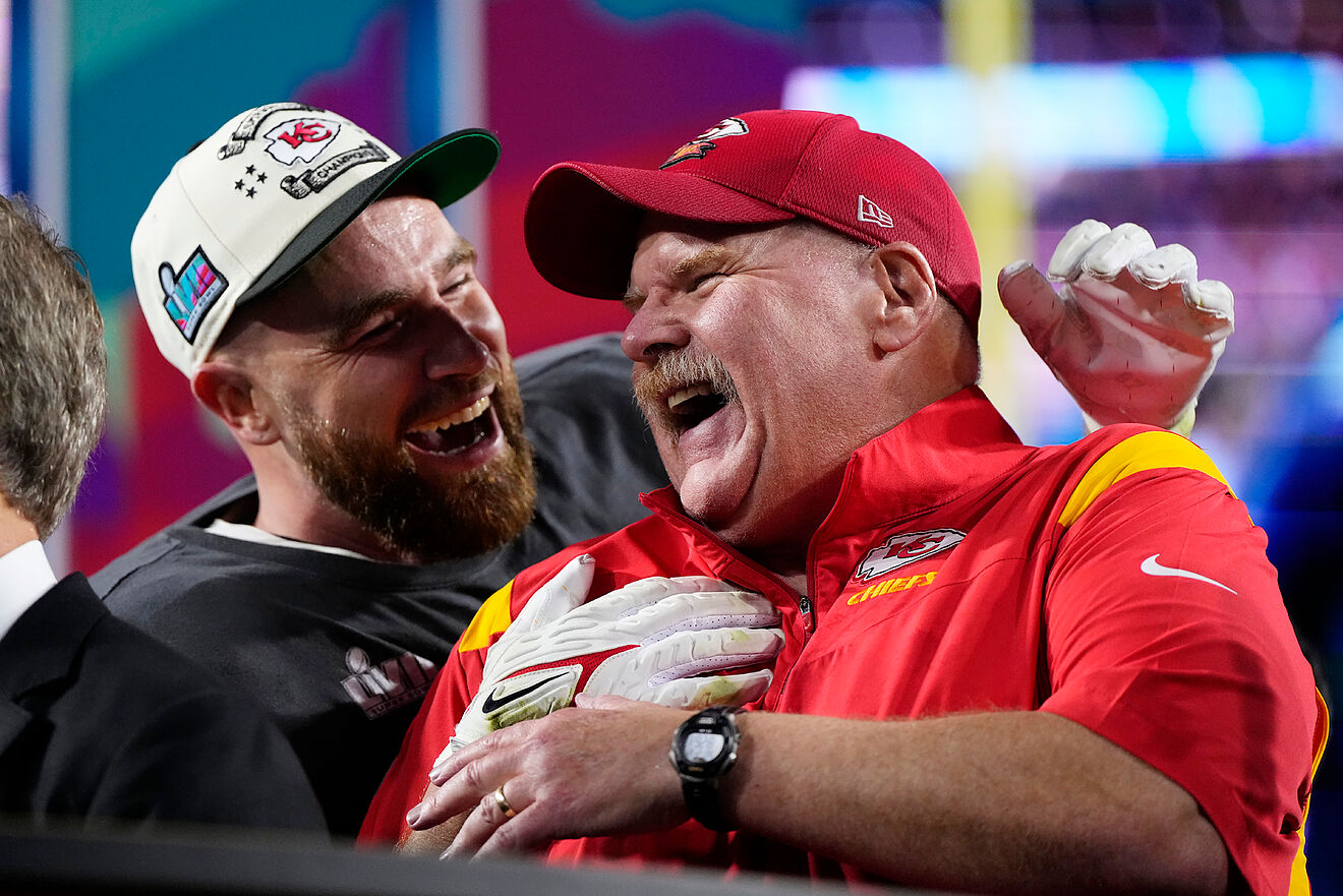 Travis Kelce and Andy Reid celebrate their Super Bowl 57 triumph as...