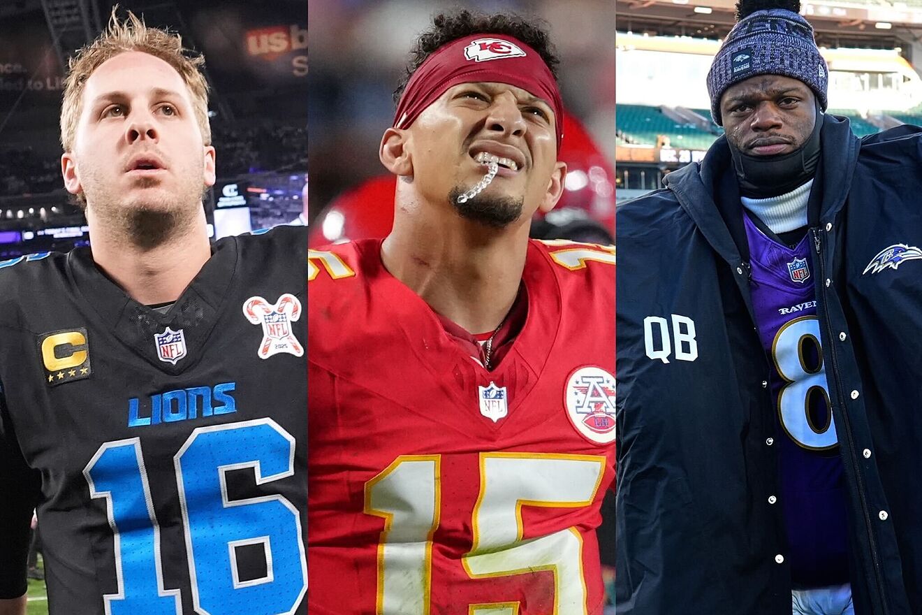 From left to right: Lions quarterback Jared Goff, Chiefs quarterback...