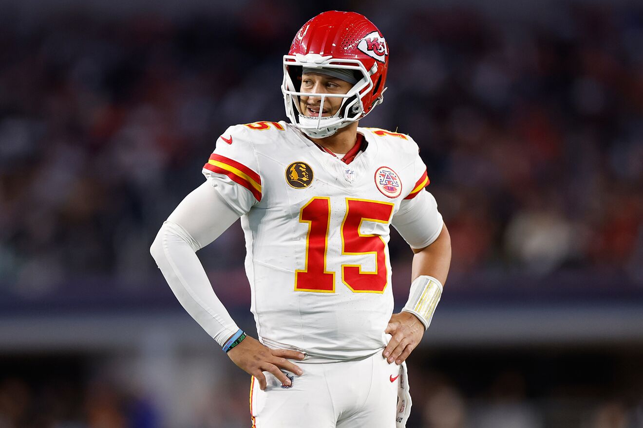 Kansas City Chiefs quarterback Patrick Mahomes looks on during the...