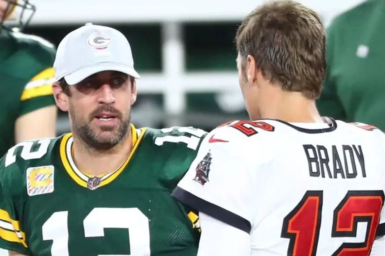 Aaron Rodgers and Tom Brady after facing each other in an NFL game.