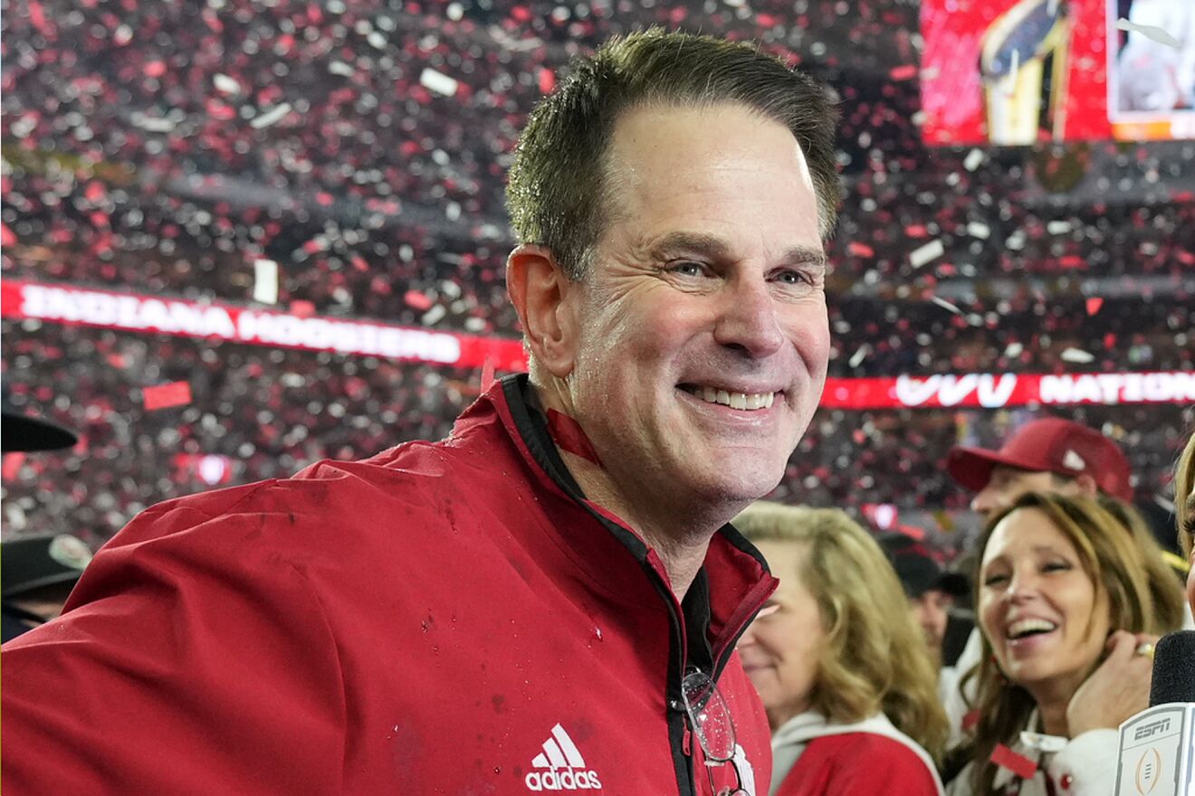 Indiana head coach Curt Cignetti smiles after their win against Miami...