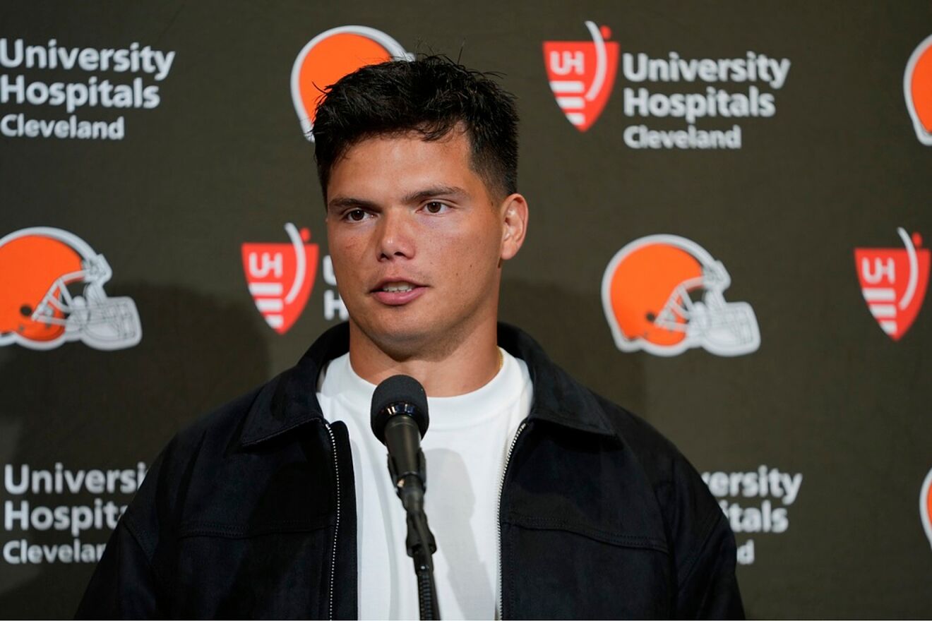 Cleveland Browns quarterback Dillon Gabriel speaks during a news...