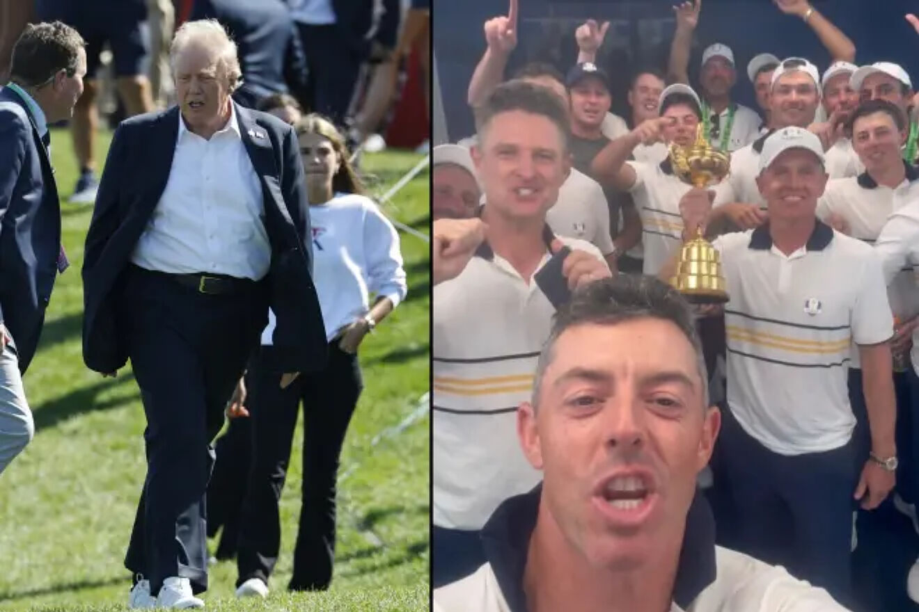 Donald Trump, at the Ryder Cup, and the European team after winning...
