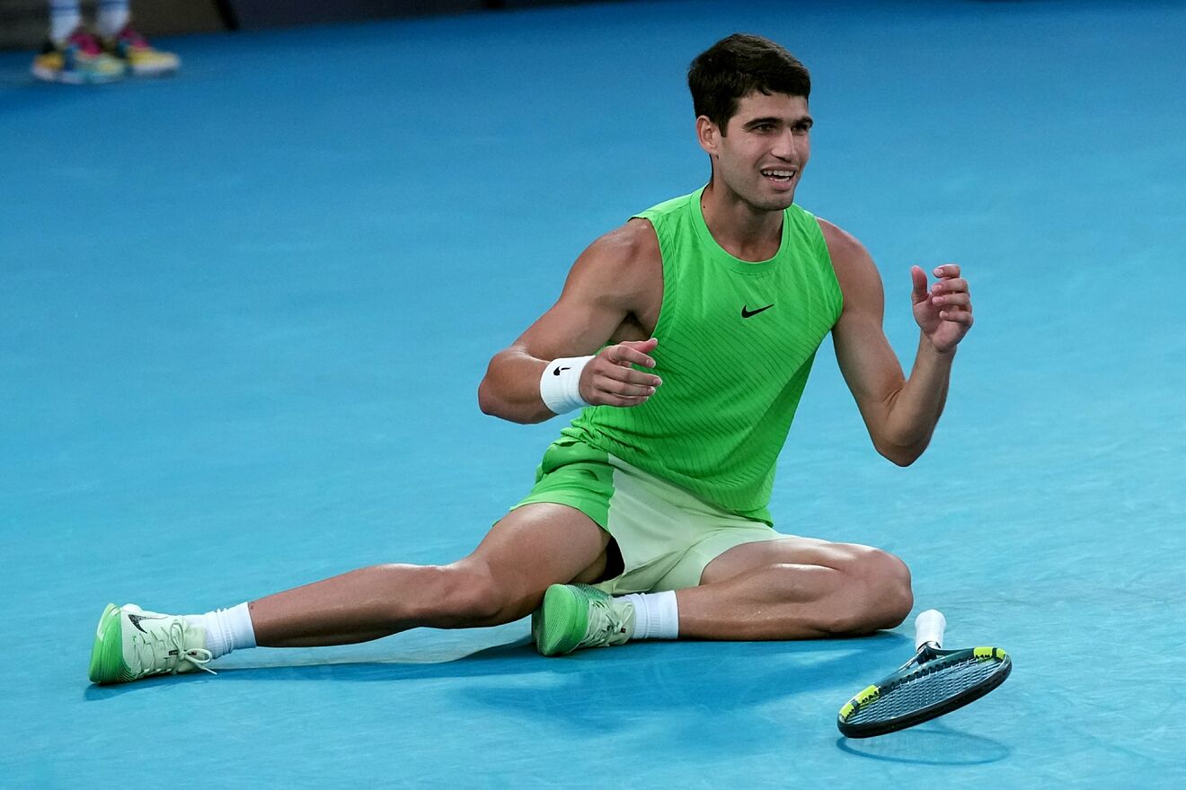 Carlos Alcaraz celebrates after defeating Alexander Zverev in their...