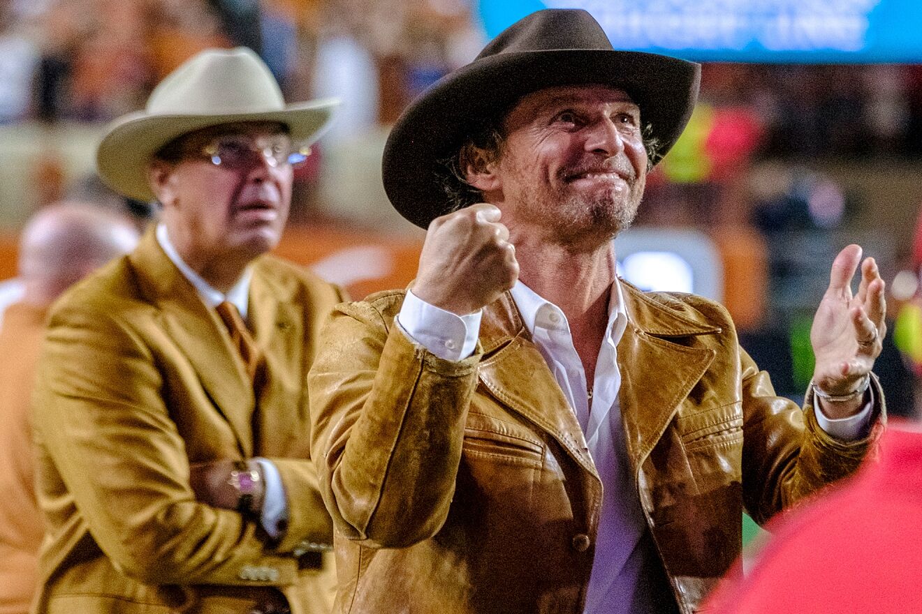 Matthew McConaughey celebrates at the Texas Longhorns game.