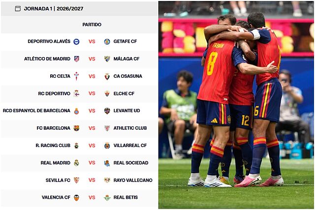 Un montaje con una imagen de los partidos de la primera jornada de LaLiga y otra con los jugadores de Espa�a celebrando un gol.