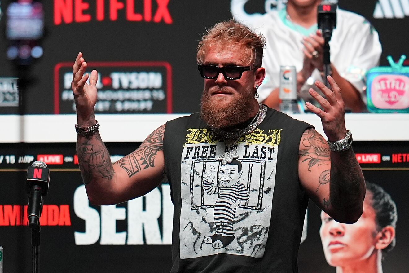 Jake Paul reacts during a news conference ahead of his fight against...