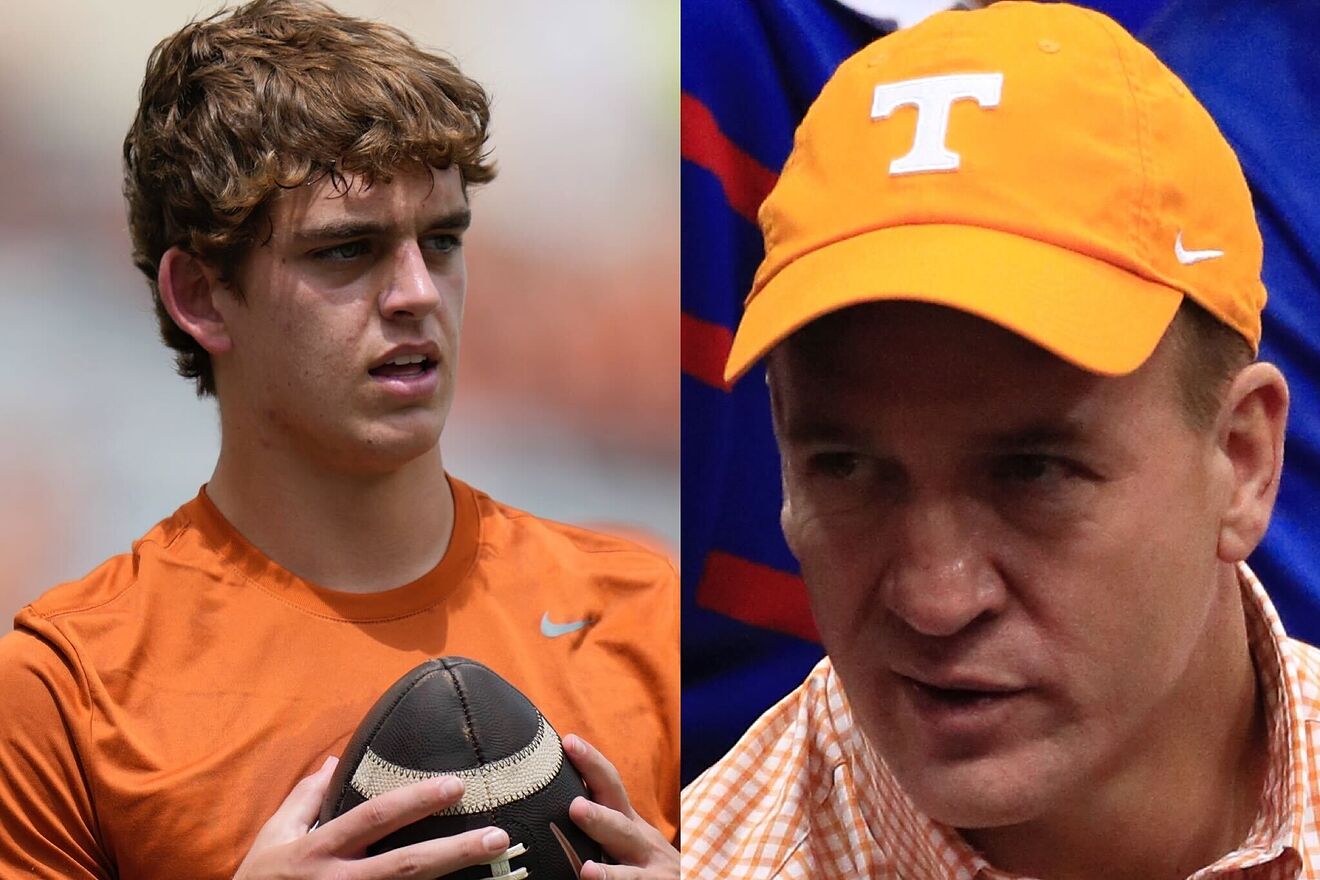 Texas quarterback Arch Manning (left) before an NCAA game and NFL Hall...