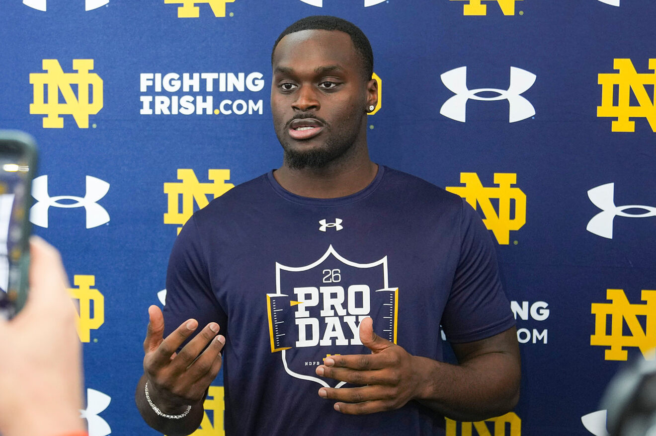 Jeremiyah Love speaks to the media during Notre Dame's Pro Day.