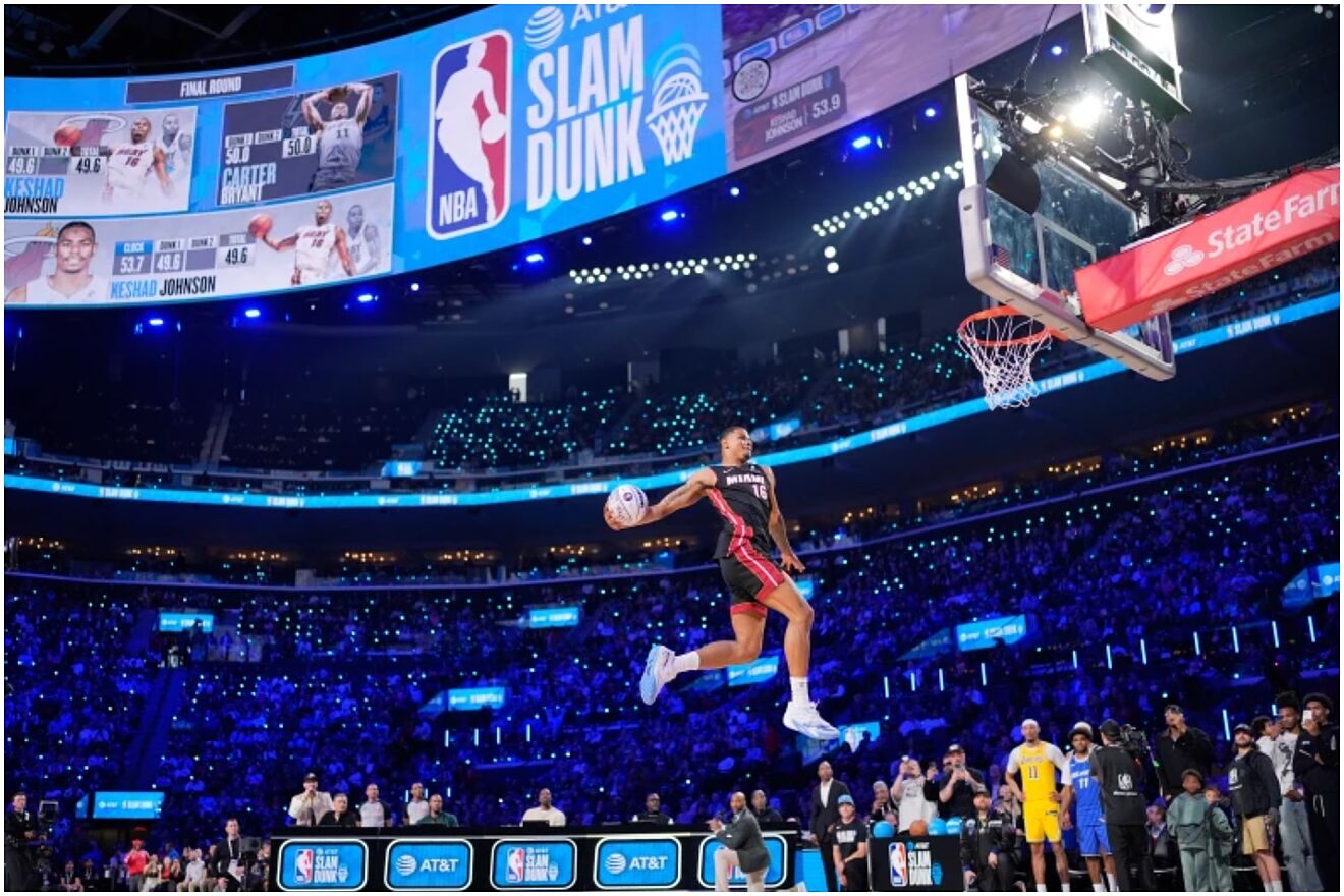 Miami Heat forward Keshad Johnson dunks during the slam dunk contest...