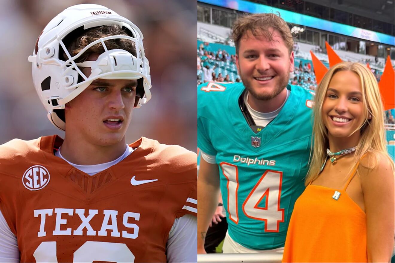 Texas quarterback Arch Manning (left), Quinn Ewers and his girlfriend...
