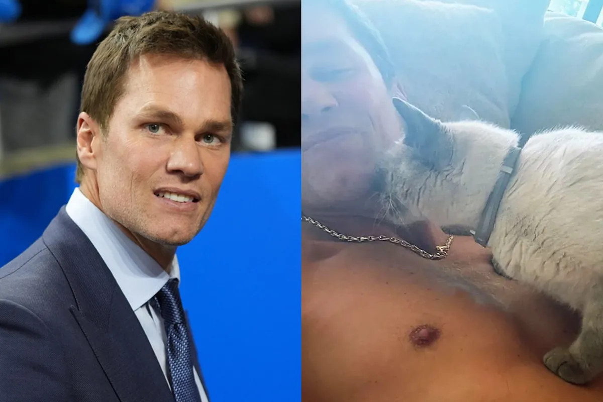 Tom Brady shows off his bare chest while revealing his side as a cat dad