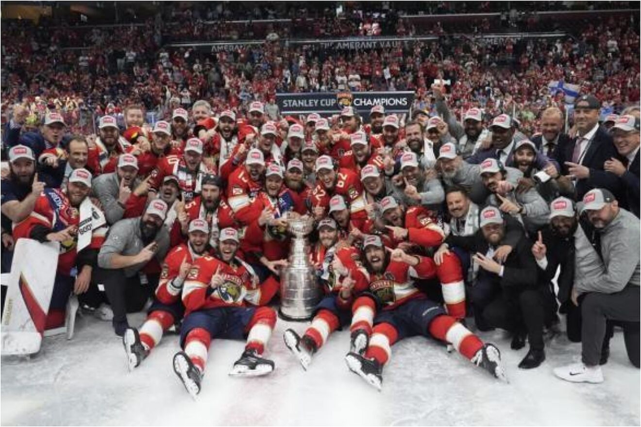 The Florida Panthers pose with the 2024 Stanley Cup.
