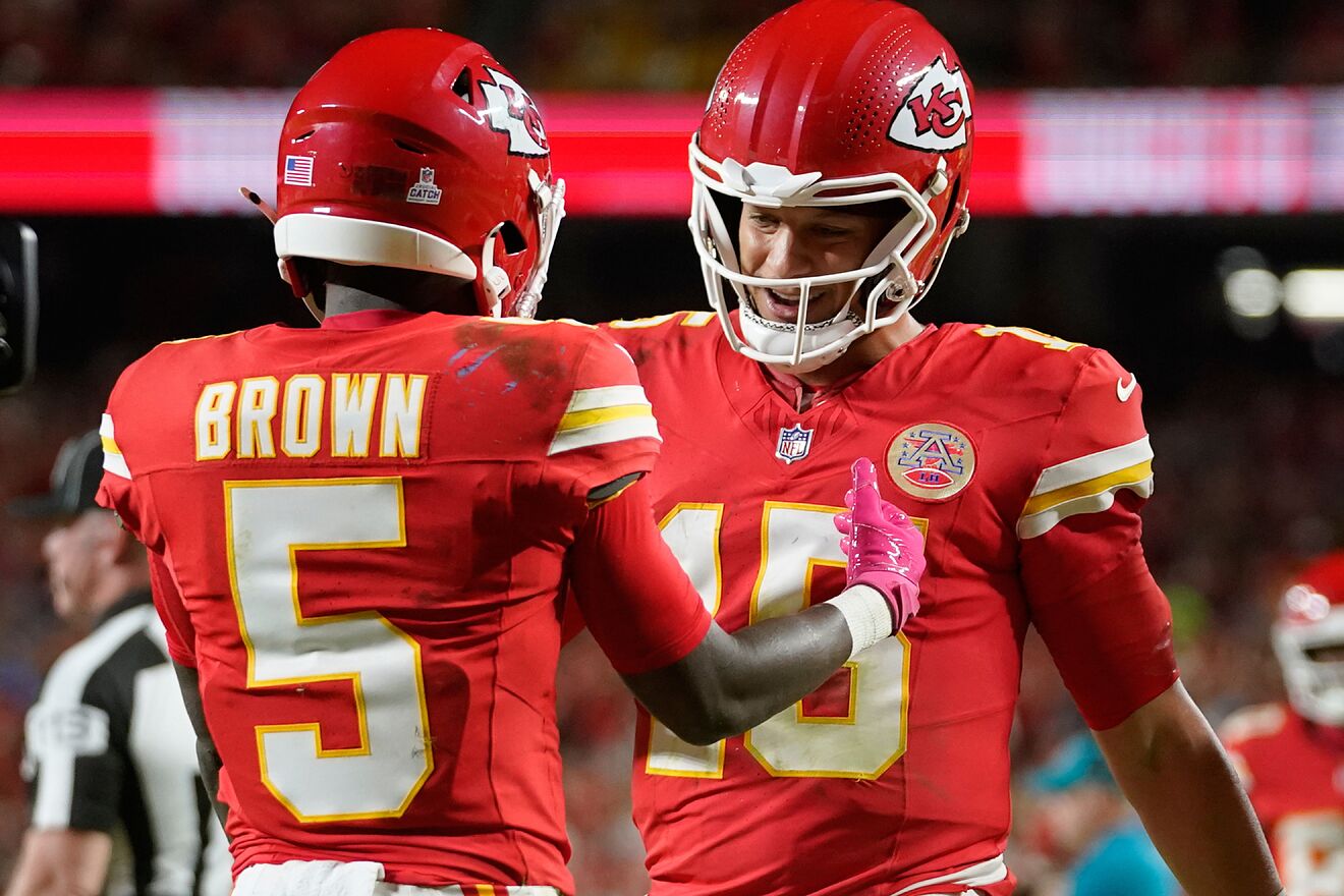 Kansas City Chiefs wide receiver Hollywood Brown (5) is congratulated...