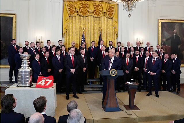 President Donald Trump speaks during an event to honor the 2025 Stanley Cup Champion Florida Panthers in the East Room of the White House