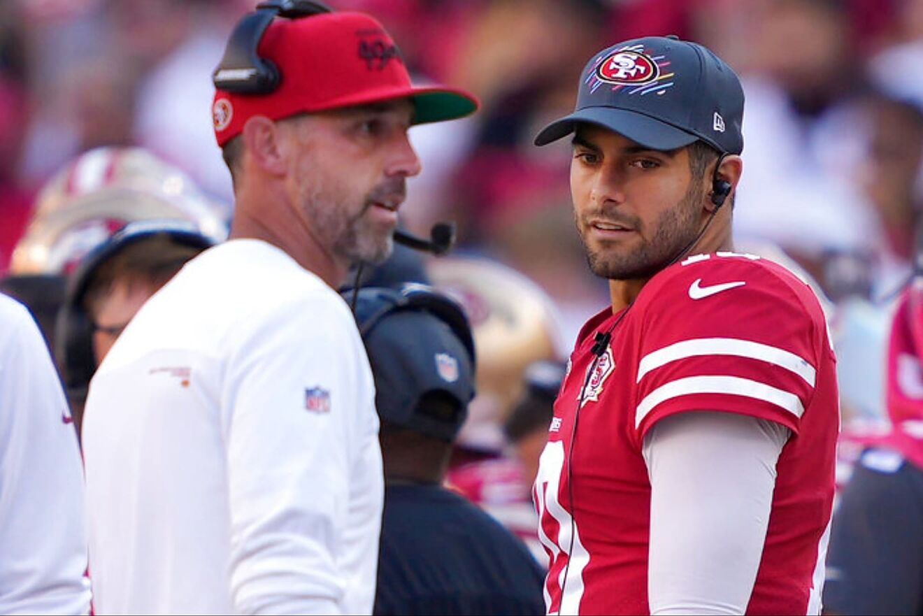 Kyle Shanahan and Jimmy Garoppolo in 2021, when both were working...