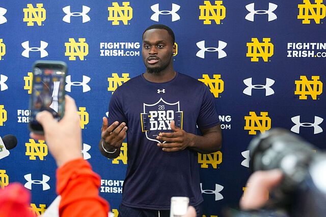 Notre Dame running back Jeremiyah Love speaks with media during the school's NFL Pro Day in South Bend