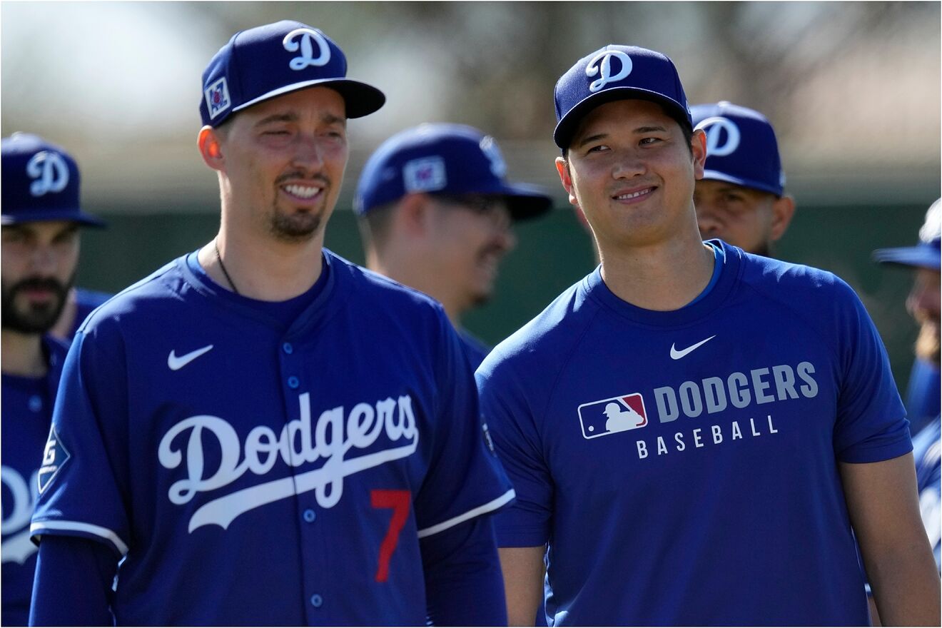 Los Angeles Dodgers' Shohei Ohtani, of Japan, right, and Blake Snell...