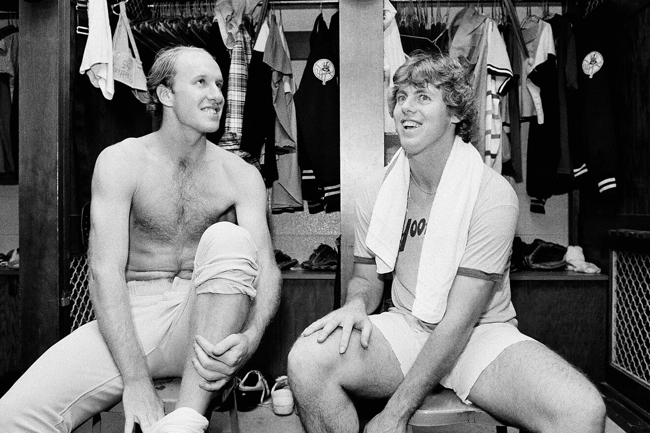 Yankee pitchers Jim Beattie, left, and Ken Clay